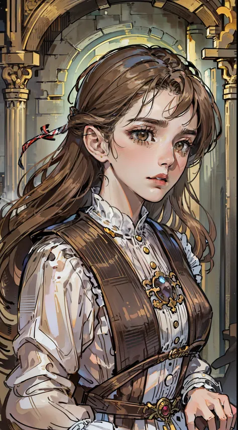 (8k, RAW photo, best quality, masterpiece: 1.2), (realistic, photorealistic: 1.37), (1GIRL) long wavy brown hair, (((middle stripe))) (((NO SKIN))) (((/dull brown eyes/))), calm expression, closed mouth, malancholic look, (antique, covered and simple maids...