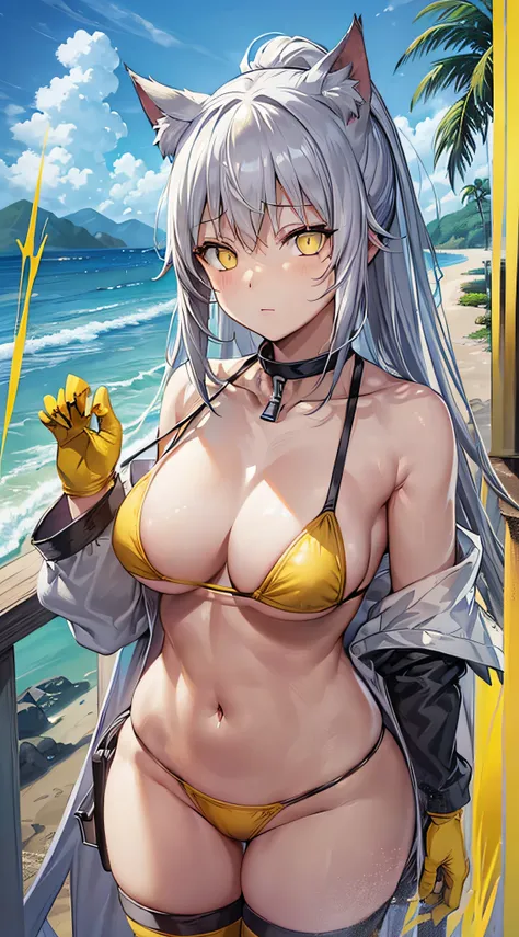 Movie angle, depth of field, (view viewer), (right foreground: 1), (standing photo: 1), cat ears girl, (solo),silver hair,(white skin:1), (curvaceous:1.2), (wide hips:1.1), cat-eared girl, (beautiful beach background), (coast background: 1.4), (coast backg...
