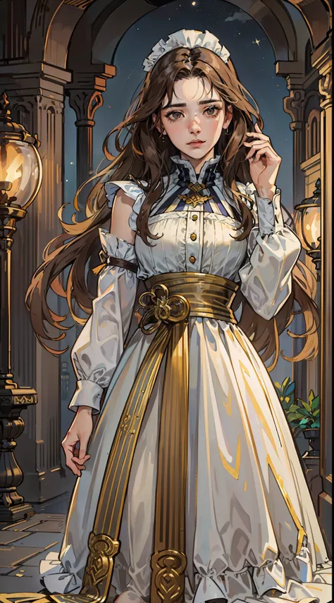 (8k, RAW photo, best quality, masterpiece: 1.2), (realistic, photorealistic: 1.37), (1GIRL) long wavy brown hair DARK, (((middle stripe))) (((NO SKIN))) (((/dull brown eyes/))), calm expression, closed mouth, malancholic look, (antique, covered and simple ...