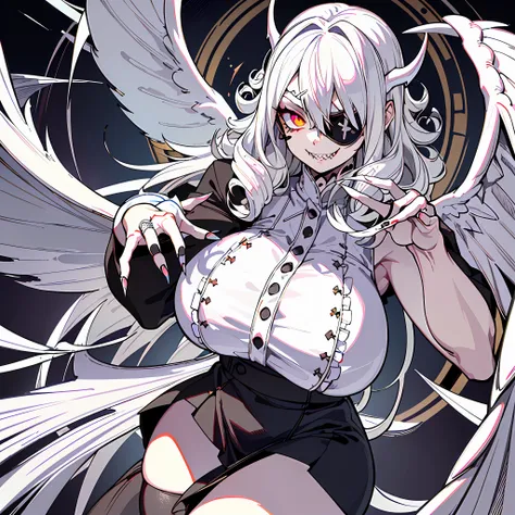 ((masterpiece)), best quality, white haired deity, ((angel wings)), pure black eyes, dark eyes, ((sharp teeth)), sharp smile, de...