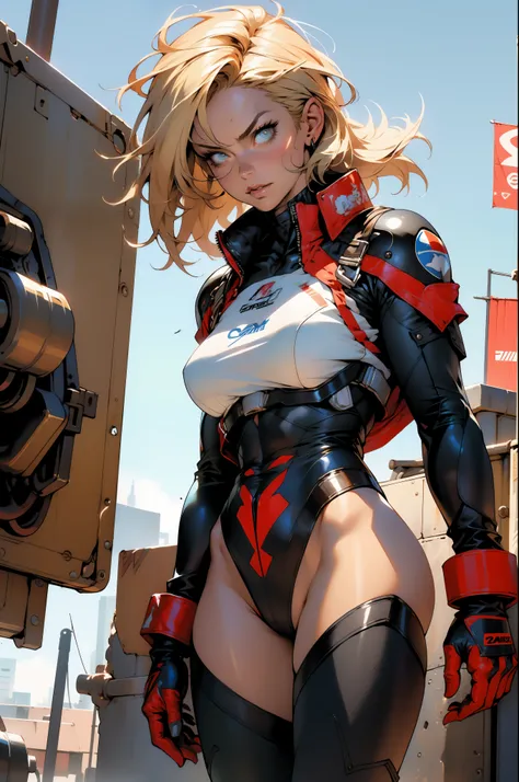 (((Simon Bisley))), Mature woman 35 years muscular beautiful, giant robot pilot, wild with perfect body, bare thighs, blonde, wearing little clothes, tiny thong, hoarse with the colors of the flag of Argentina, sensual pose, pose with attitude, add movemen...
