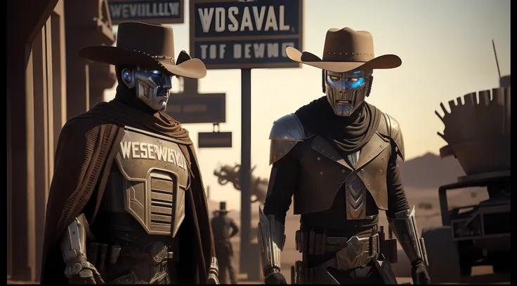 they are dressed in costumes and hats for western events, movie still of a villain cyborg, behance favourite, 4k image”, somewhere in sands of the desert, with two characters, westworld style, metal art, new vegas style