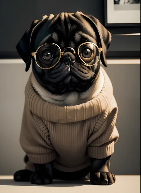 imagine a very cute pug with big eyes, wearing a black and white plaid sweater, friendly, modern gold glasses, blurry background...