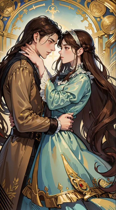 ((masterpieces)), best quality, outstanding illustration, a couple kissing, soft focus, 1 boy with long black hair, RED EYES, 1 girl with long brown hair, BROWN EYES, Victorian clothes, Victorian romanticism, opulent and exquisite atmosphere, soft light an...