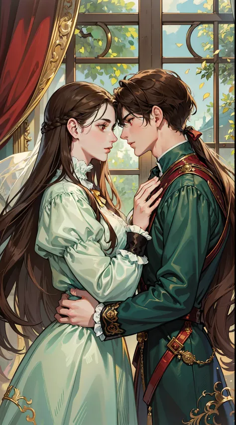 ((masterpieces)), best quality, outstanding illustration, a couple kissing, soft focus, 1 boy with long black hair, red eyes, 1 ...