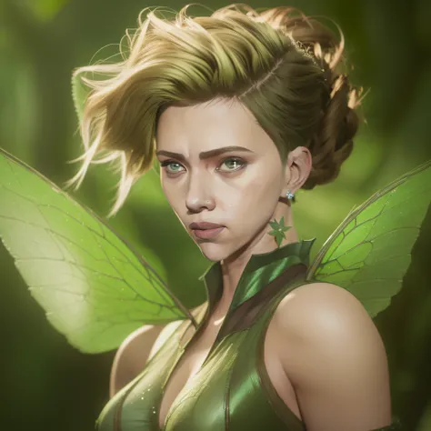 (extremely high-quality portrait illustration, best illumination, realistic texture),(Scarlett Johansson as Tinker Bell:1.3), green outfit, fairy wings, mischievous expression, enchanted forest background,vibrant colors,depth of field.