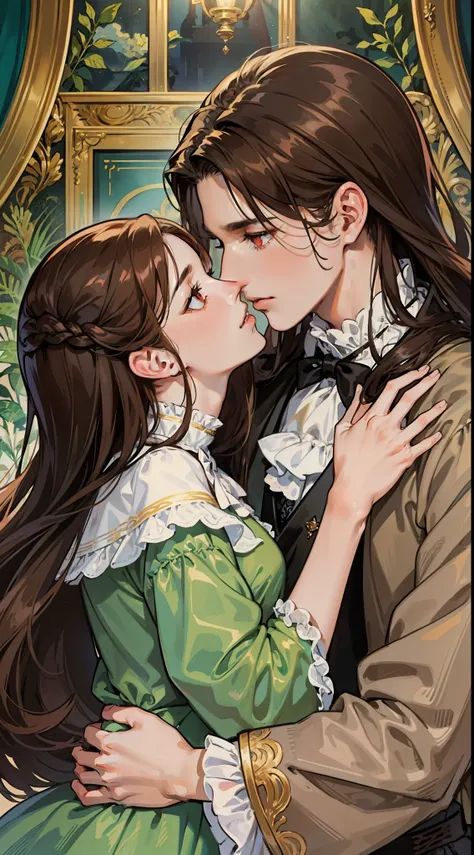 ((masterpieces)), best quality, outstanding illustration, a couple kissing, soft focus, 1 boy with long black hair, RED EYES, 1 girl with long brown hair, BROWN EYES, Victorian clothes, Victorian romanticism, opulent and exquisite atmosphere, soft light an...