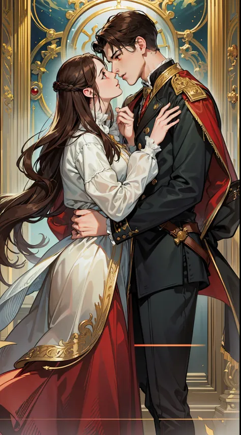 ((masterpieces)), best quality, outstanding illustration, a couple kissing, soft focus, 1 boy with long black hair, RED EYES, 1 girl with long brown hair, BROWN EYES, Victorian clothes, Victorian romanticism, opulent and exquisite atmosphere, soft light an...