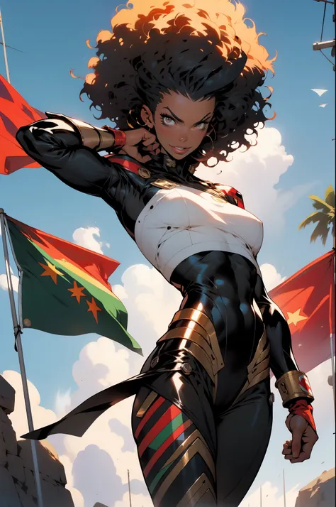 (((simon bisley))), (((flag))), mature 35-year-old muscular woman beautiful, ((((black african woman)))), (((afro hair))), giant...