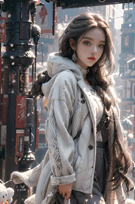 (Best Quality, Masterpiece, Ultra High Resolution), (Realistic: 1.4), 1 Girl, Adult Face, Slim, (Shiny Skin), (Silhouette, Front, Dusk), Gray Hair, Long Hair, Dark Eyes, (Room), Top Fashion, ((White Plush Coat)), (Snow: 1.5, Walking Street, Winter City),