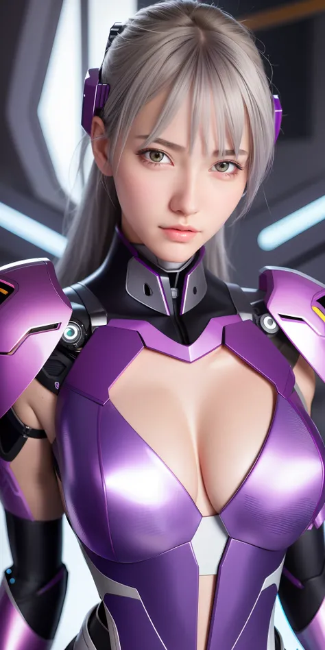 Realistic, single girl, gray hair, purple eyes, shining eyes, evangelion suit, sexy mecha, metallic, intricate details, detailed neon, parts that highlight bust, cleavage skin, parted lips,