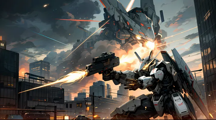 sky, cloud, holding_weapon, no_humans, glowing, , robot, building, glowing_eyes, mecha, science_fiction, city, real, mech, snipe colony with strongest beam and shoot down destruction, possess double rifle, strafe funnel, attack for revival, space colony ex...