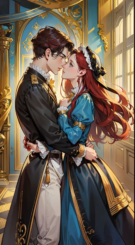 ((masterpieces)), best quality, exceptional illustration, a couple kissing, soft focus, 1 boy with short black hair, blue eyes, ...