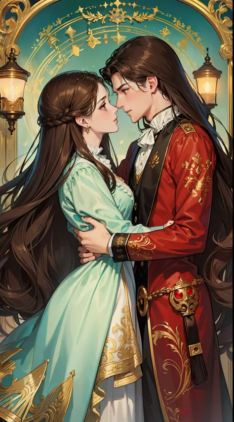 ((masterpieces)), best quality, outstanding illustration, a couple kissing, soft focus, 1 boy with long black hair, red eyes, 1 ...