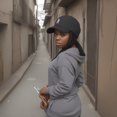 Black woman, from coast to camera and looking at Canera, with all black clothes, gray sweatpants, black jacket, gray shirt, black cap, black skin, with cell phone in hand, in the middle of the favela, small ass and medium size breasts, comics style --auto ...