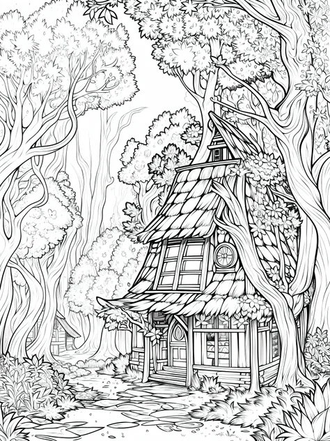 (a cute magical forest with one hidden cottage), (a fairy peeking out from behind a tree) black ink lineart, outline only, perfe...