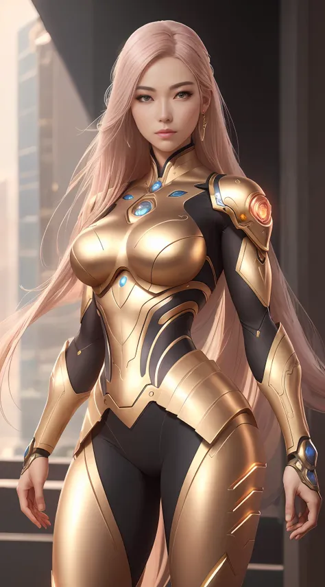 centered , full of view , a woman in a platinum and gold rosé cyborg, chengwei pan on artstation, by yang j, detailed fantasy ar...