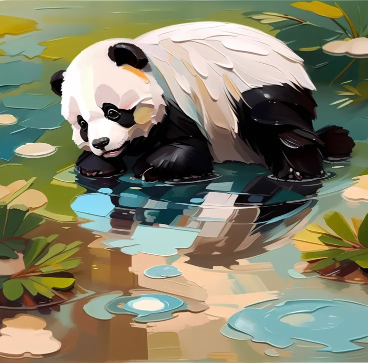 impasto painting, paint,  panda on a little water puddle