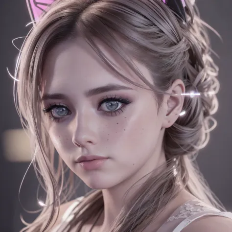 wearing a wedding dress, ponytail, cat ears, heavy makeup, beautiful eyes, freckles, lipstick, neon, cyberpunk, night, bokeh, co...