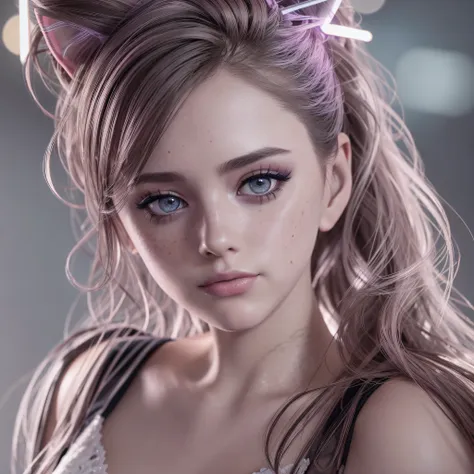 wearing a wedding dress, ponytail, cat ears, heavy makeup, beautiful eyes, freckles, lipstick, neon, cyberpunk, night, bokeh, co...