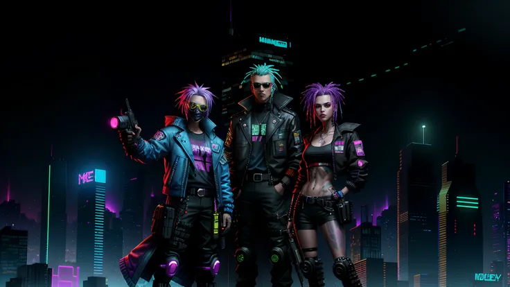 cyberpunk characters in front of a city at night, colorful clothes, cyberpunk colors, cyberpunk vibrant colors, highly detailed ...