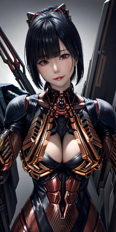 Close up portrait of Japan woman posing in metal suit, SFM rendered biomechanical, cyberpunk, mecha cyber armor girl, cleavage exposed skin, details are Gundam, detailed neon, fine tubes, metal cylinders, 8K high quality detail art metallic armor, fine and...