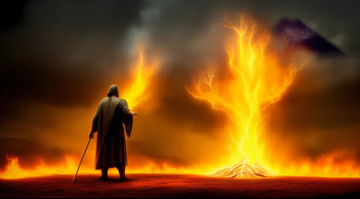 arafed image of a man standing in front of a fire, tree of life seed of doubt, biblical epic movie, the tree of life, firenado, ...