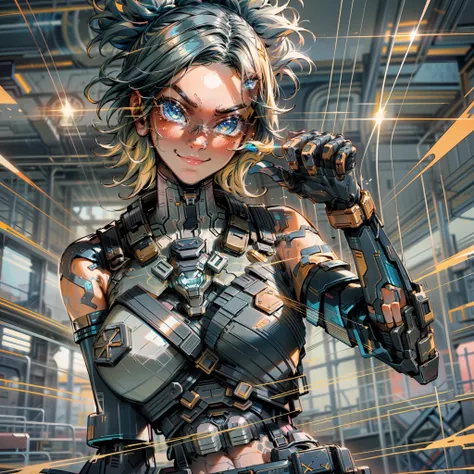 1girl, (muscular: 0.9), (large breasts:1), (medium breasts: 0.25), looking at the viewer, gorgeous face (full-face blush:0.75),Neon, Valorant, cyberpunk, masterpiece, best qualified, high quality, (futuristic), movie lighting, (exquisite futuristic), gorge...
