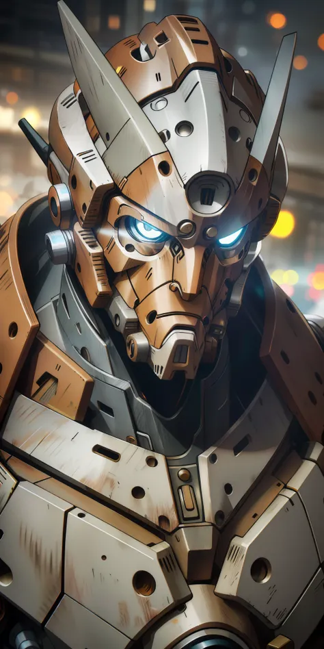 portrait photo of an alpha male, perfect eyes, in a worn mecha suit, ((light bokeh)), intricate, (steel metal [rust]), elegant, ...