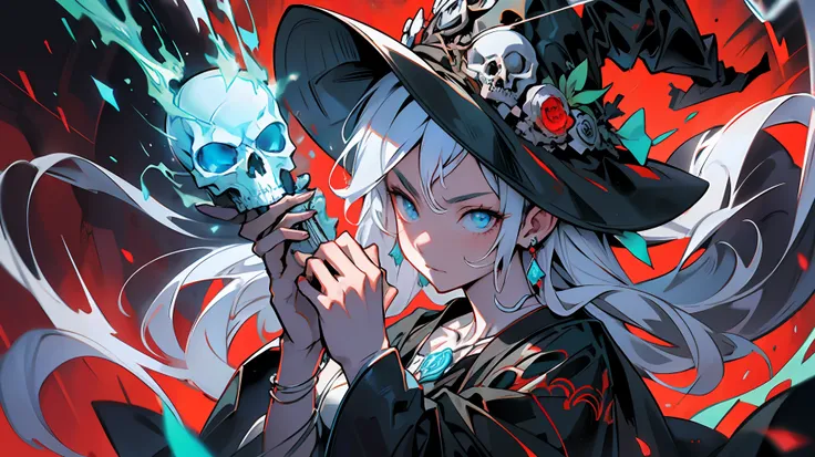 An anime poster featuring a dark magical girl, young and dangerous, white medium long hair, curly hair hanging down, upper body witch robes, delicate witch hat, skull jewelry and necklace decoration, lean figure, three-dimensional facial features, fierce a...