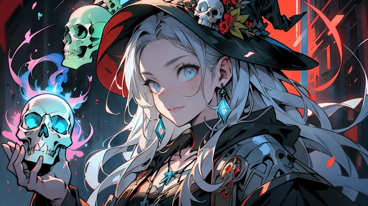 An anime poster featuring a dark magical girl, young and dangerous, white medium long hair, curly hair hanging down, upper body witch robes, delicate witch hat, skull jewelry and necklace decoration, lean figure, three-dimensional facial features, fierce a...