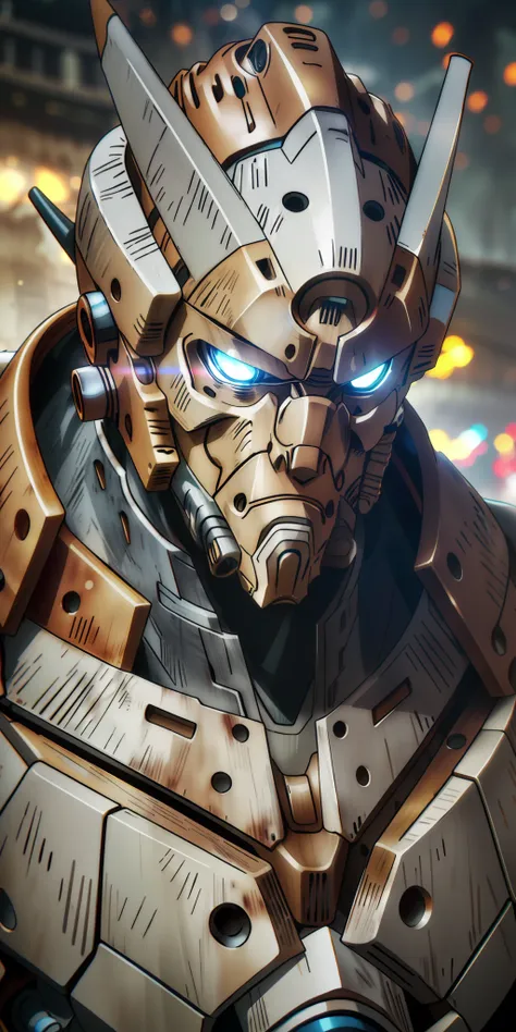 portrait photo of an alpha male, perfect eyes, in a worn mecha suit, ((light bokeh)), intricate, (steel metal [rust]), elegant, ...