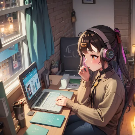 there is a girl sitting at a desk with a laptop and headphones, adorable digital painting, cute digital art, cute detailed digit...