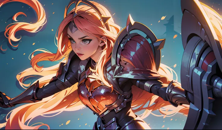 beautiful female paladin with stunning armor, shining while holding a sword and shield. riot games' concept art inspired this ar...