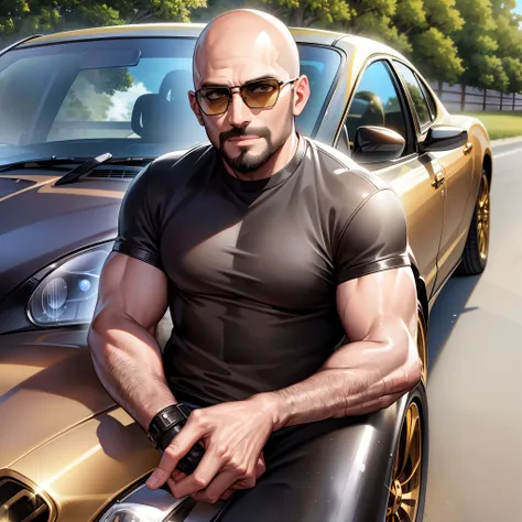 brown eyes, bald,man, stubble beard, black t-shirt, sunglasses, hands crossed, next to golden bugatti, on the road, looking at t...