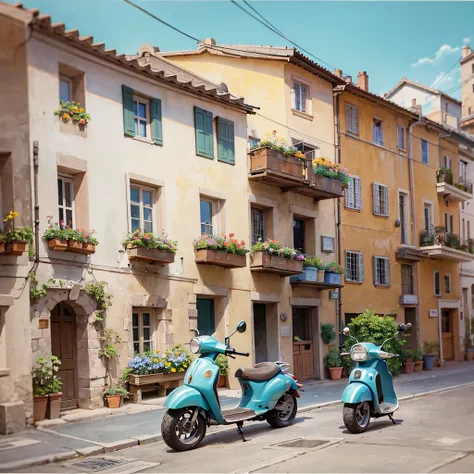 charming tenement houses in an Italian town. Lots of flowers. An old Italian scooter is standing next to one. Watercolor --auto --s2