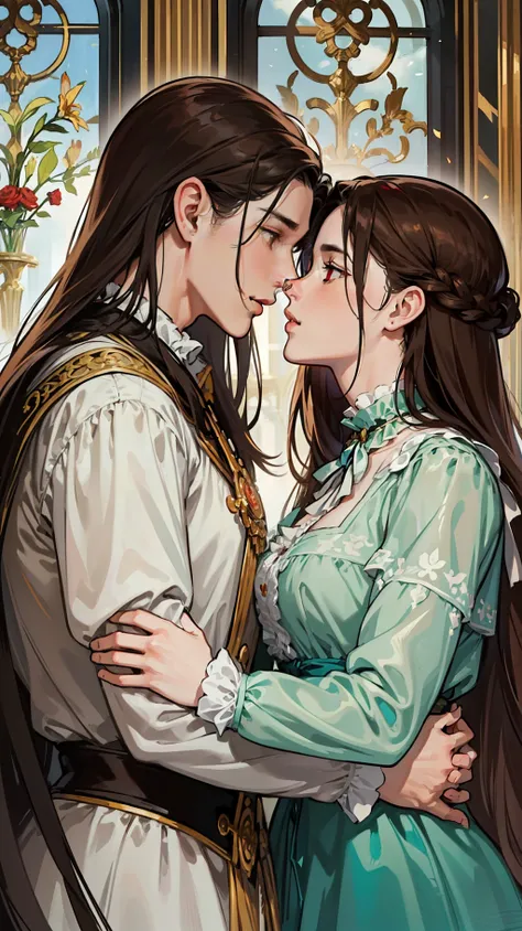 ((masterpieces)), best quality, outstanding illustration, a couple kissing, soft focus, 1 man with long black hair, RED EYES, 1 girl with long brown hair, BROWN EYES, Victorian clothes, Victorian romanticism, opulent and exquisite atmosphere, soft light an...