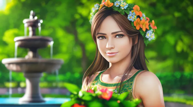 one young woman on a (garden with a fountain), fair skin, detailed face, perfect eyes, (brown hair), (lush green vegetation), te...