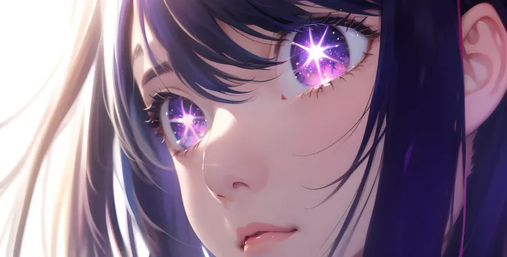 hoshino ai, oshi no ko, anime girl with purple eyes and long hair looking at the camera, colorful lens reflections, glitter gif,...