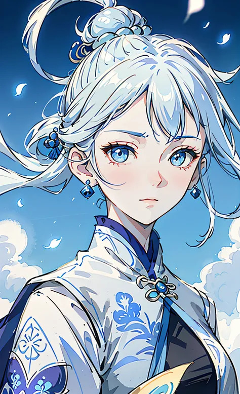 Mature girl, blue eyes, blue-white hair color, floating hair, delicate and flexible eyes, intricate damask Hanfu, gorgeous accessories, wearing pearl earrings, FOV, f/1.8, masterpiece, ancient Chinese architecture, blue sky, flower petals flying, front por...