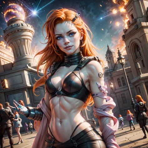 (ultra high res), ((photorealistic)), ((Hyperrealism)), fusion of Divatox with Vicky Roubalheira, Orange hair, pink eyes, extremely pale skin, psychopath smile, in the middle of an amusement park being destroyed by meteors, extremely detailed, anatomically...