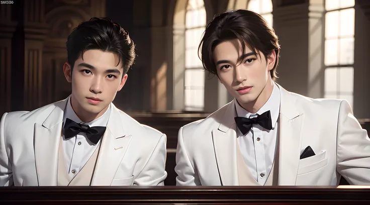 (head shot), (two handsome muscular young men), Marriage of Two Handsome Muscular Gay Men, They are wearing white tuxedos for their wedding ceremony in the church, mischievous smile, (high detail:1 1), Natural muscle、highly quality、beautiful eye、(detailed...