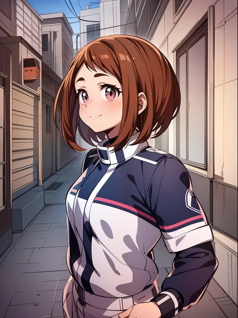 ochaco uraraka, wearing a uniform, nice environment, super detailed, high quality