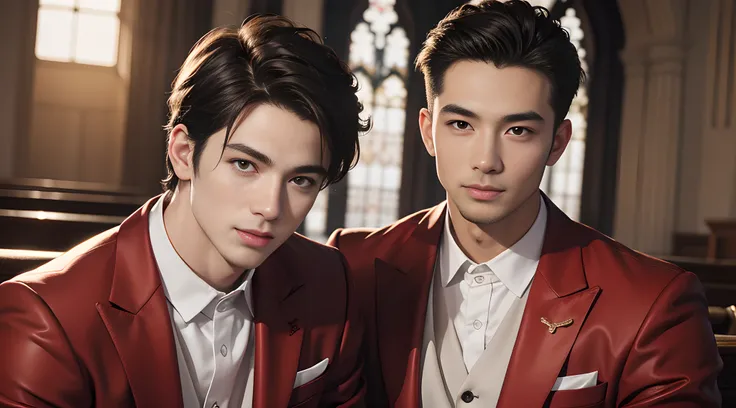 (head shot), (two handsome muscular young men), Marriage of Two Handsome Muscular Gay Men, They are wearing red tuxedos for their wedding ceremony in the church, mischievous smile, (high detail:1 1), Natural muscle、highly quality、beautiful eye、(detailed f...