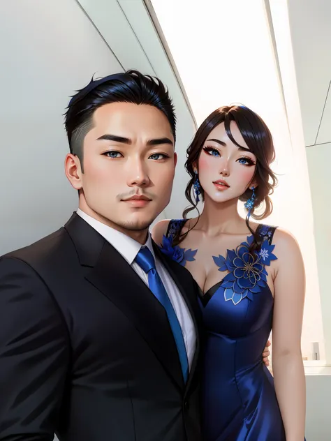 anime style, couple, asian man, man black suit and blue tie, brunette woman, woman in blue dress, cute blue dress