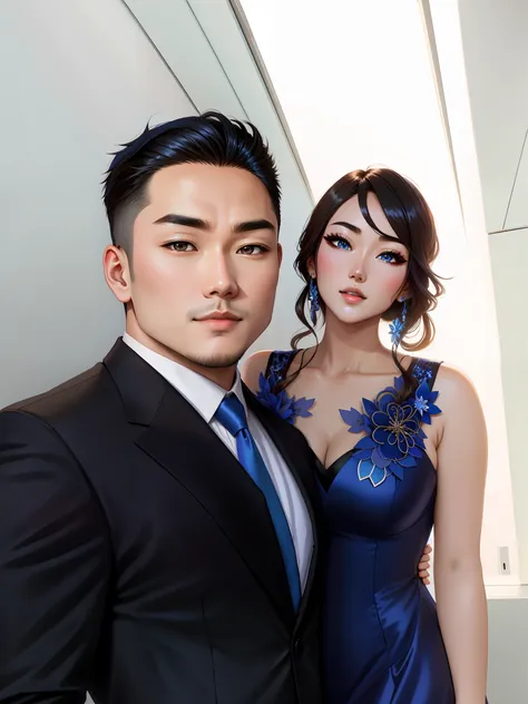 anime style, couple, asian man, man black suit and blue tie, brunette woman, woman in blue dress, cute blue dress, space, stars,...