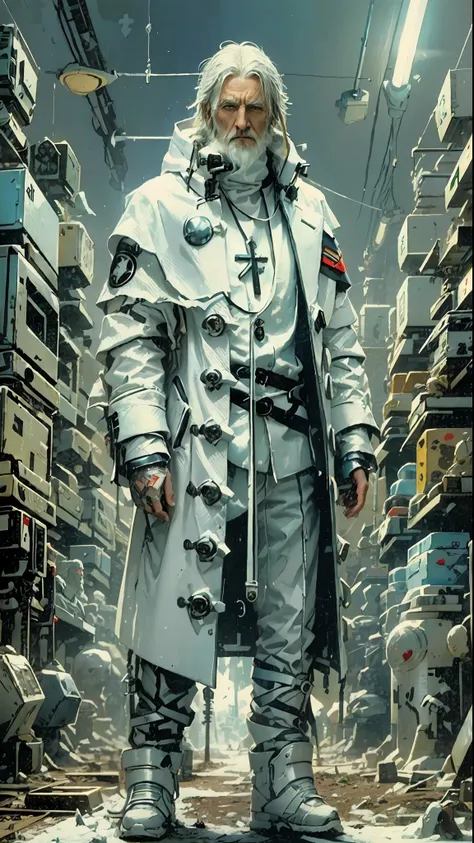 a 70 year old man, full body, cold, layers of white clothes, futuristic cyberpunk suit, librarian, writer, white bulky clothes, ...