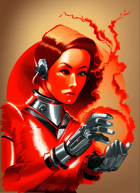 a drawing of a woman in a retro red outfit, cyborg style, manga style, fututista, hyper realistic
