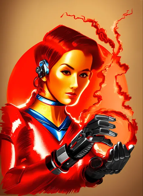 a drawing of a woman in a retro red outfit, cyborg style, manga style, fututista, hyper realistic