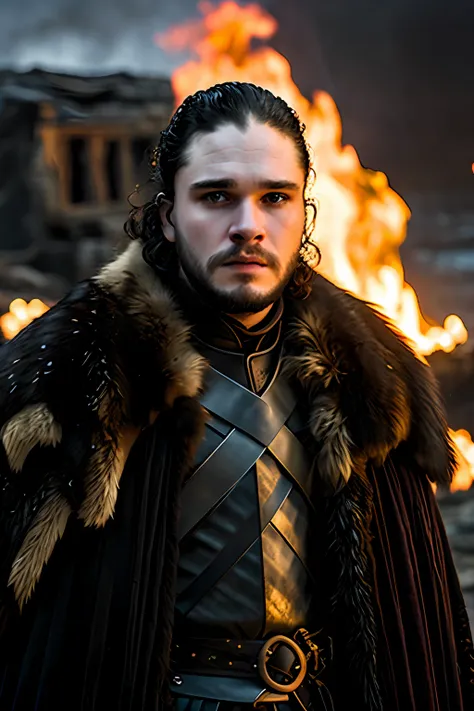 game of thrones, jon snow, a close-up of, illuminated by the light of a fire, with a backdrop of a dirty river and a shanty town...